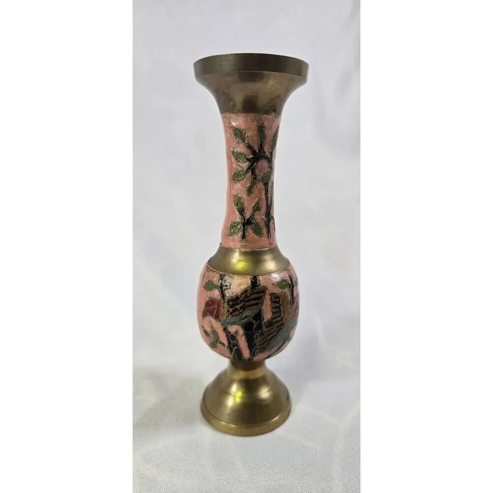 Hand-Painted Pink Floral Enamel Vintage Brass Bud Vase